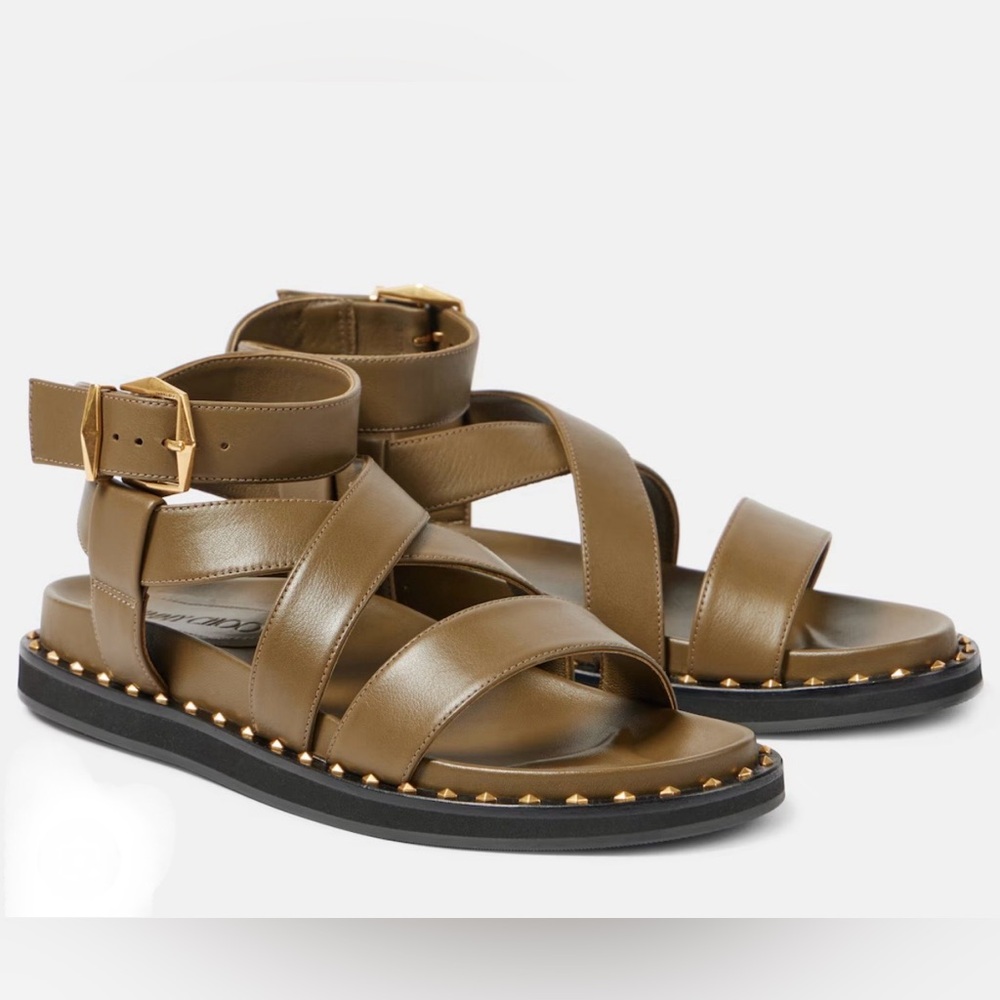 Jimmy Choo Blaise Studded Flat Sandals Caper Green / Gold Size EU 37.5 / US 7.5